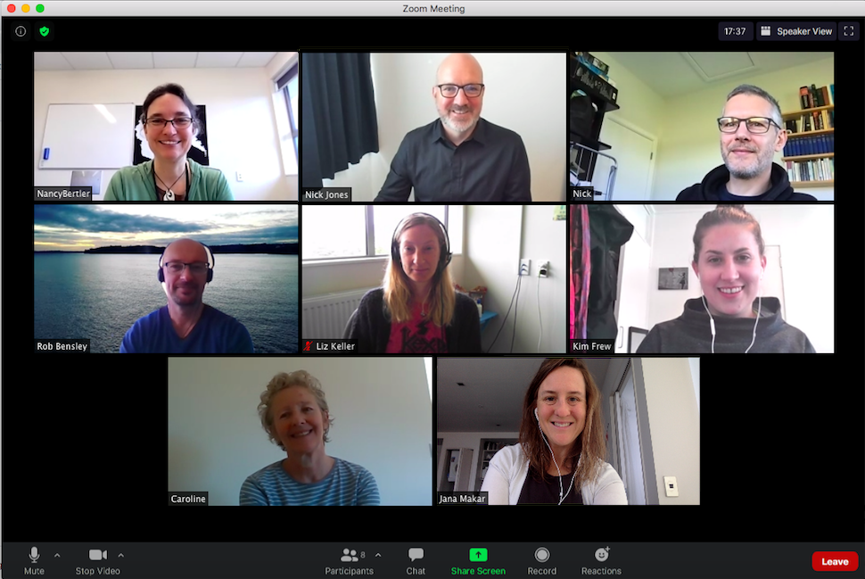 Photo of Antarctic Science Platform and NeSI team members (left to right) - Nancy Bertler, Nick Jones, Nick Golledge, Rob Bensley, Liz Keller, Kim Frew, Caroline Pratt, and Jana Makar.