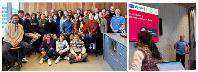 Group photo of the winter school participants, and a photo of Wes Harrell from NeSI teaching at the Winter School.