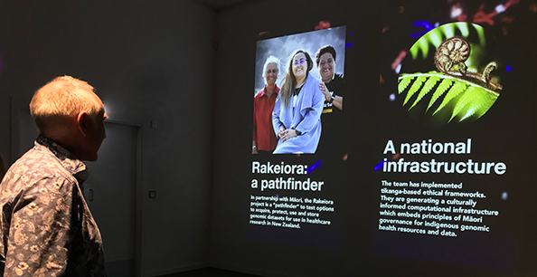 Cris Print, Waipapa Taumata Rau University of Auckland Professor and member of the Rakeiora leadership, at the Genome: Science of Life exhibit at the Tūhura Otago Museum.