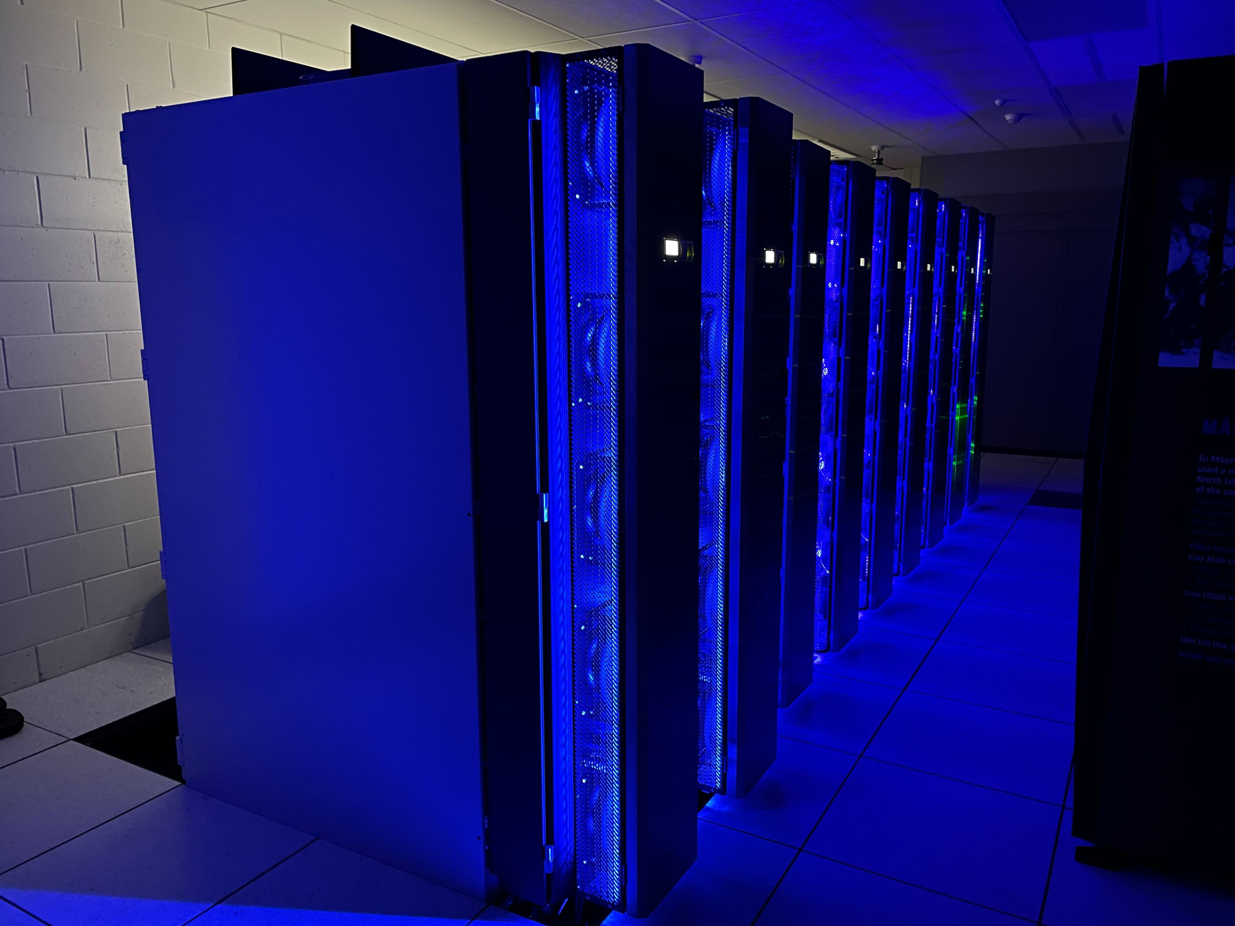 Photo of Mahuika racks in the high performance computing facility