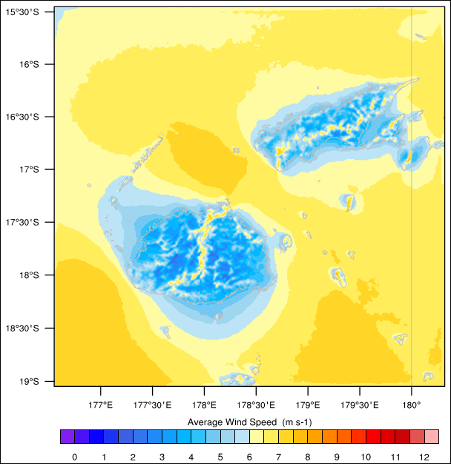 Figure 1. 10-year mean 55-metre-elevation wind speed map of Fiji at 1 km × 1 km grid resolution.