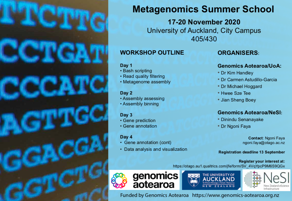 2020 Metagenomics Summer School poster November 17-20 NeSI Genomics Aotearoa University of Auckland