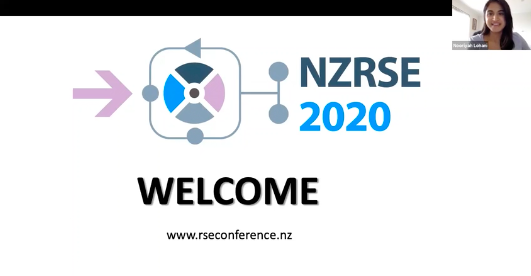 A screenshot of the opening remarks of the NZRSE Conference, including a picture of Nooriyah Lohani, NeSI Research Communities Advisor.