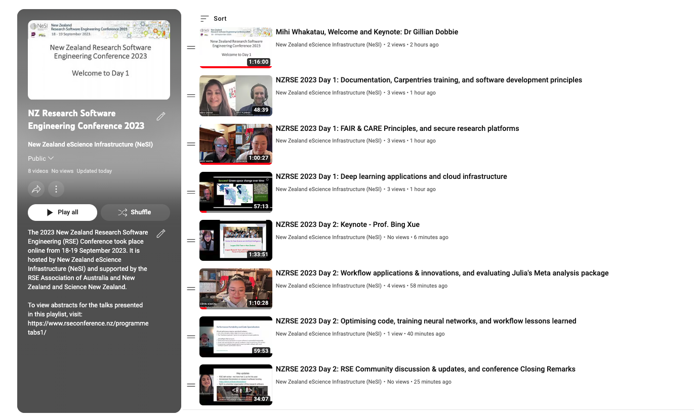 Screenshot of the NZRSE playlist of presentation recordings available on NeSI's YouTube channel.
