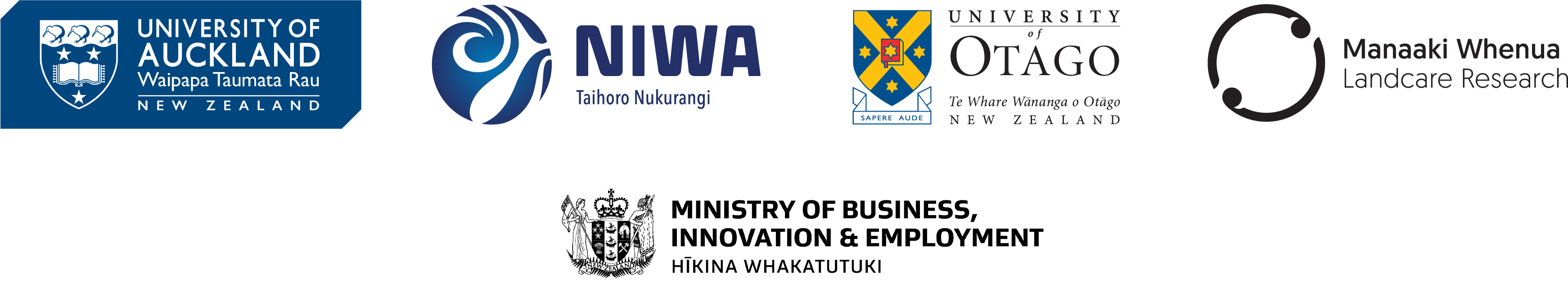 Logos of the University of Auckland, NIWA, University of Otago, Manaaki Whenua - Landcare Research, and MBIE
