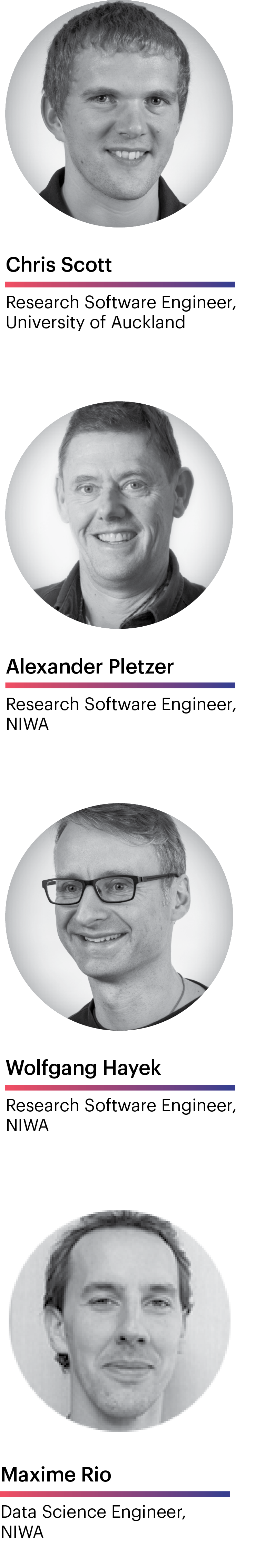 Pictures of NeSI research software engineers. From top to bottom: Chris Scott, Alex Pletzer, Wolfgang Hayek, Maxime Rio.