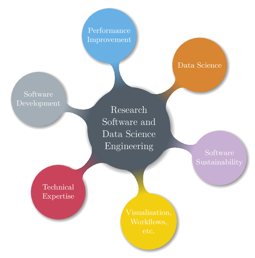 An image showing the range of areas covered by our Research Software and Data Science Engineering Consultancy service, from software development to visualisation to performance improvement. 