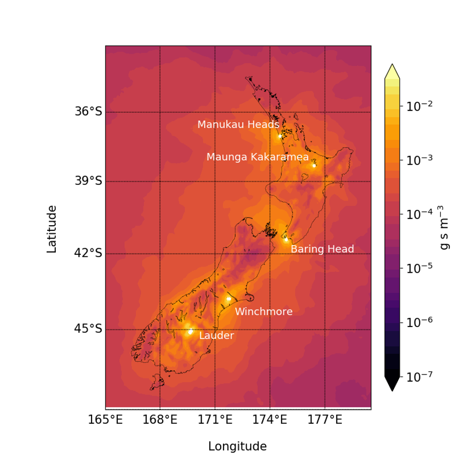 A map showing the NAME III model output for different sites across New Zealand.
