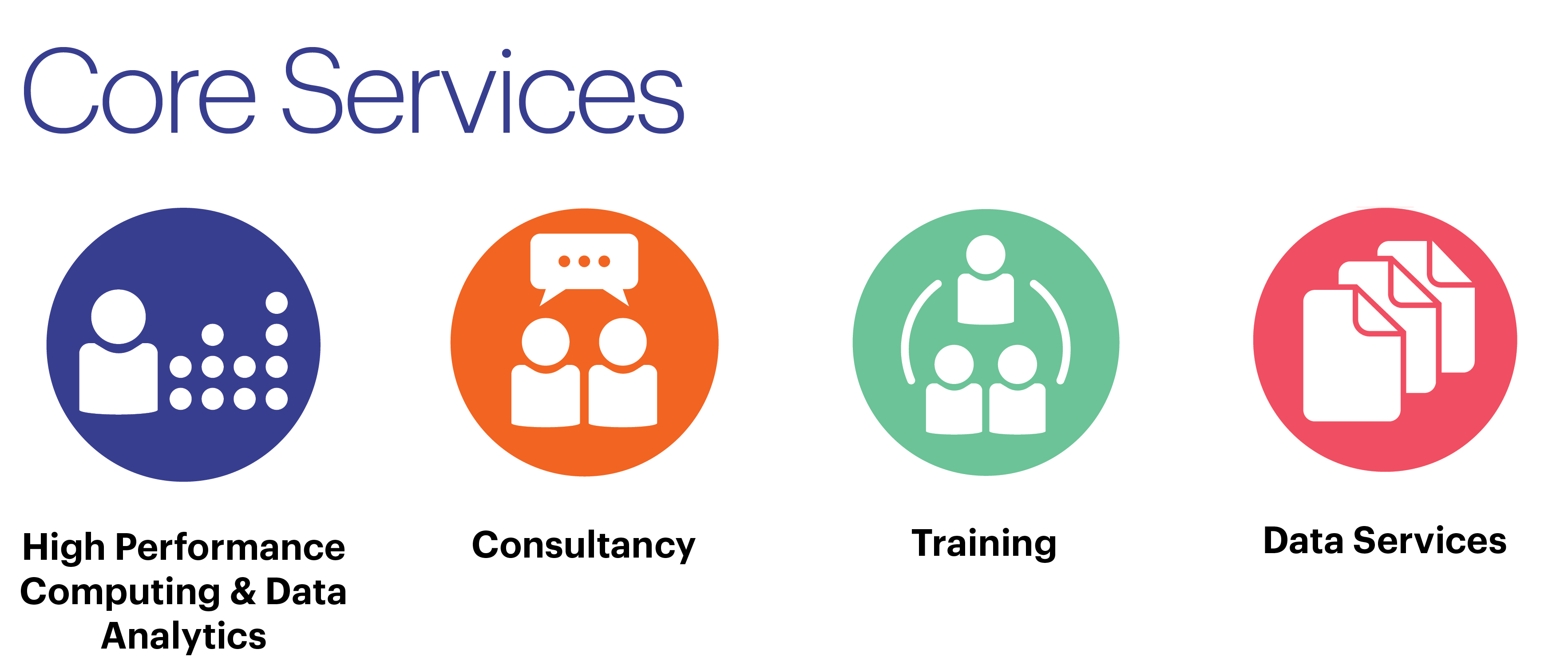 Icons for NeSI's four core services: HPC &amp; data analytics, Data services, Consultancy, Training