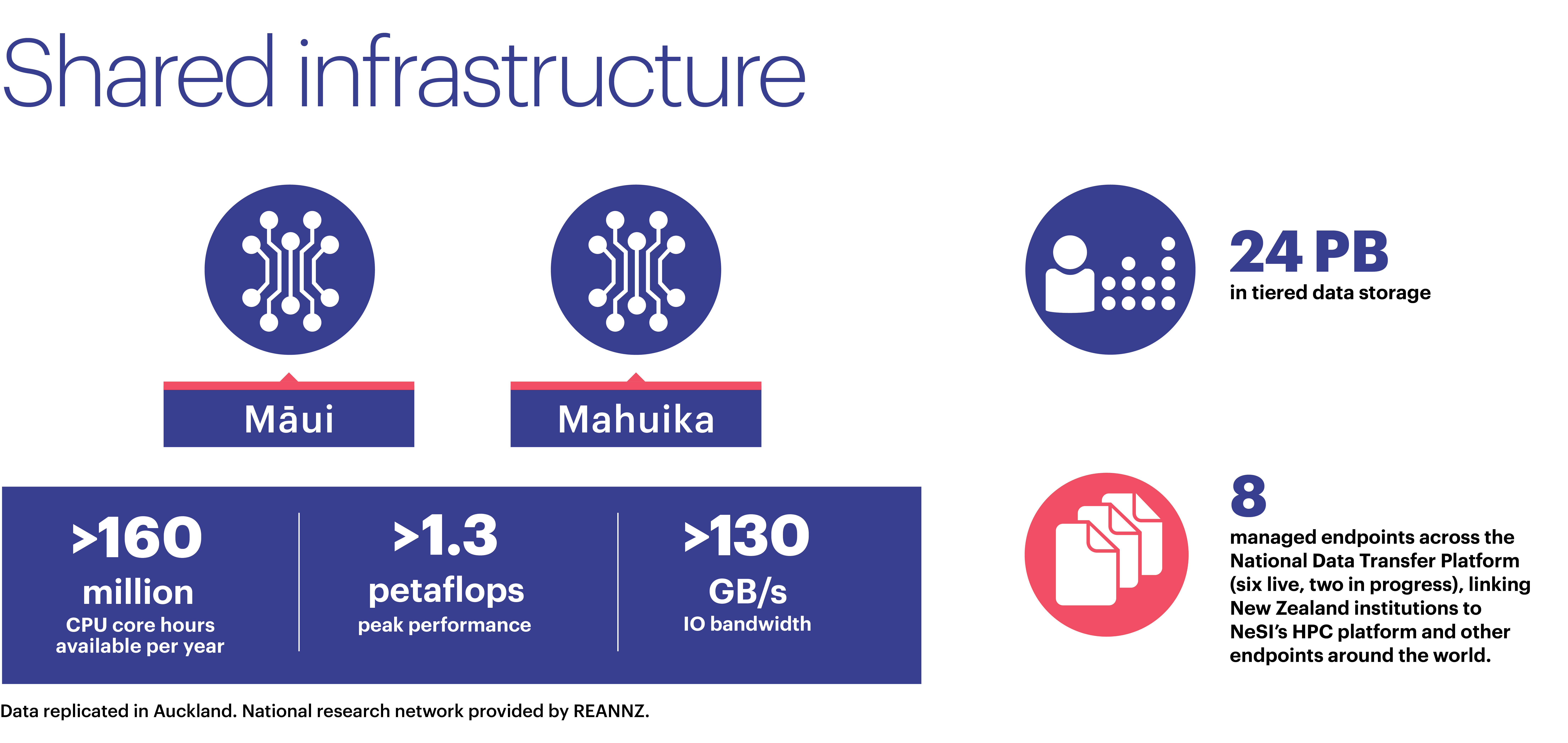 An infographic showing NeSI's shared infrastructure - two HPC platforms (Maui and Mahuika), shared storage, and data transfer capabilities.