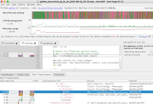 Screenshot of output of the ARM MAP profiler, highlighting the execution bottlenecks.