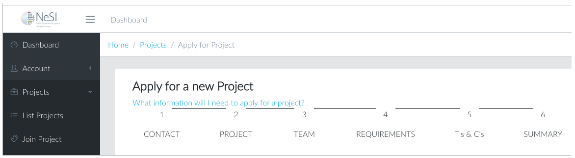 screenshot of the NeSI project application form