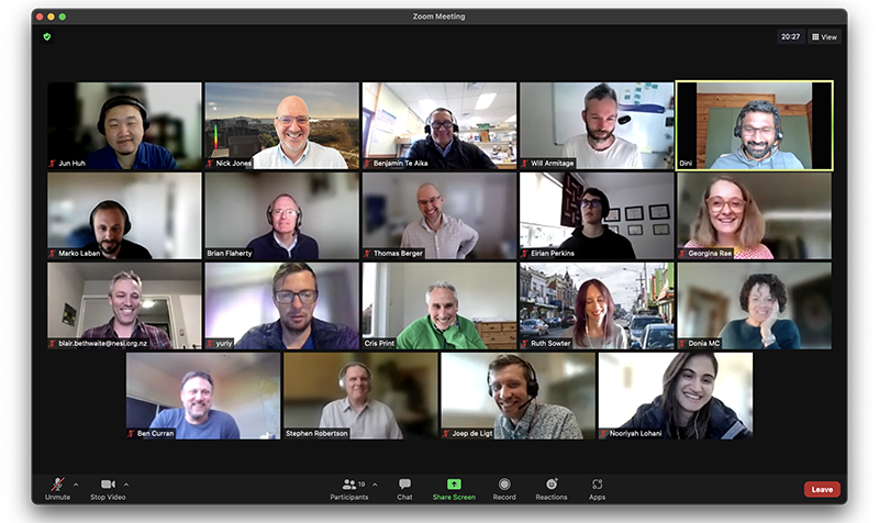 Screenshot of a Zoom videoconference with members of the NeSI Team and Rakeiora Project.