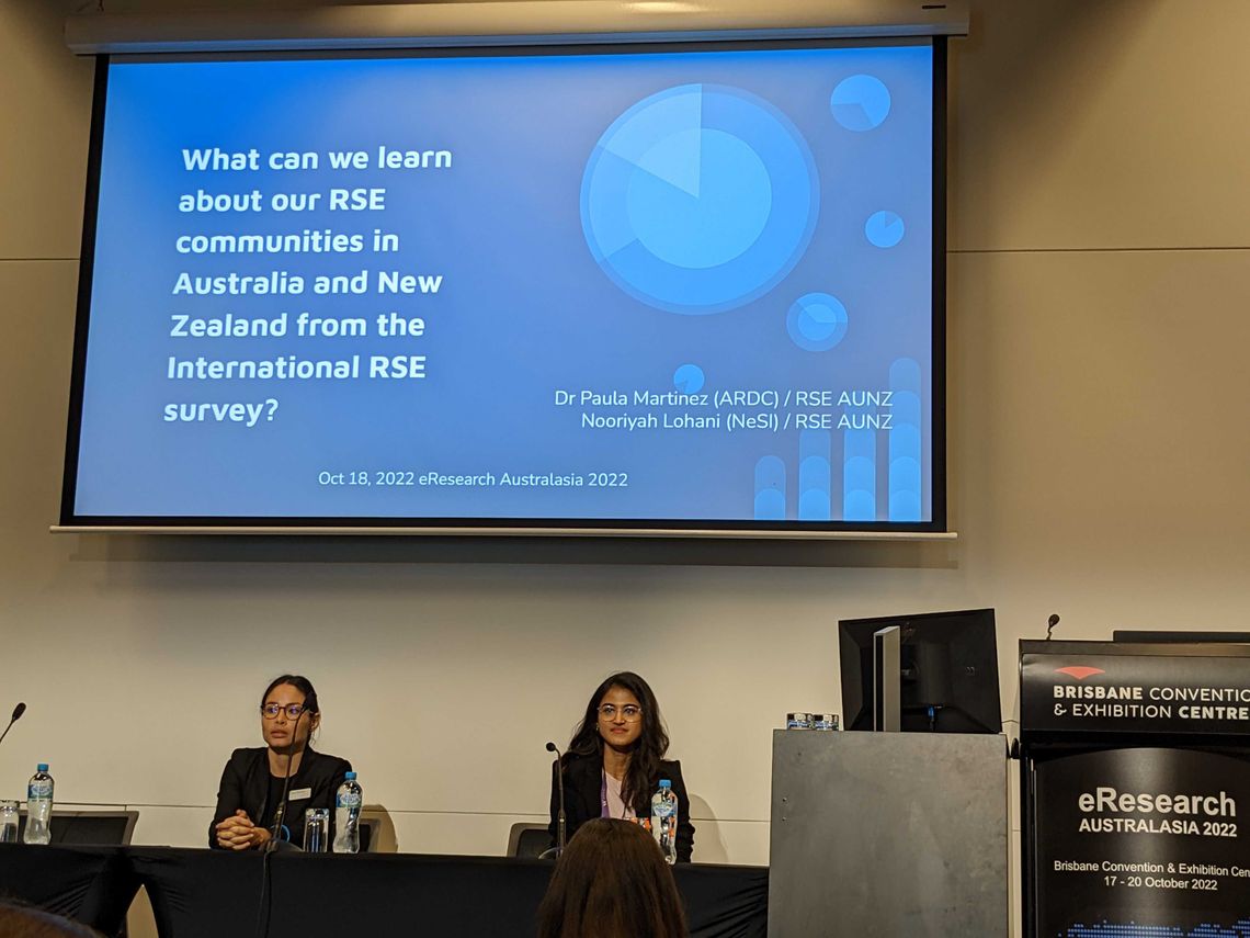 Dr Paula Martinez (left) and Nooriyah Lohani (right) presenting Australasian insights from the 2022 International RSE Survey.