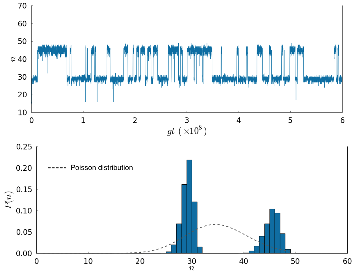 Fig 2. Sample trajectory (top), with its photon distribution (bottom) for an atomic flux of N=0.13 (see Fig 1). 