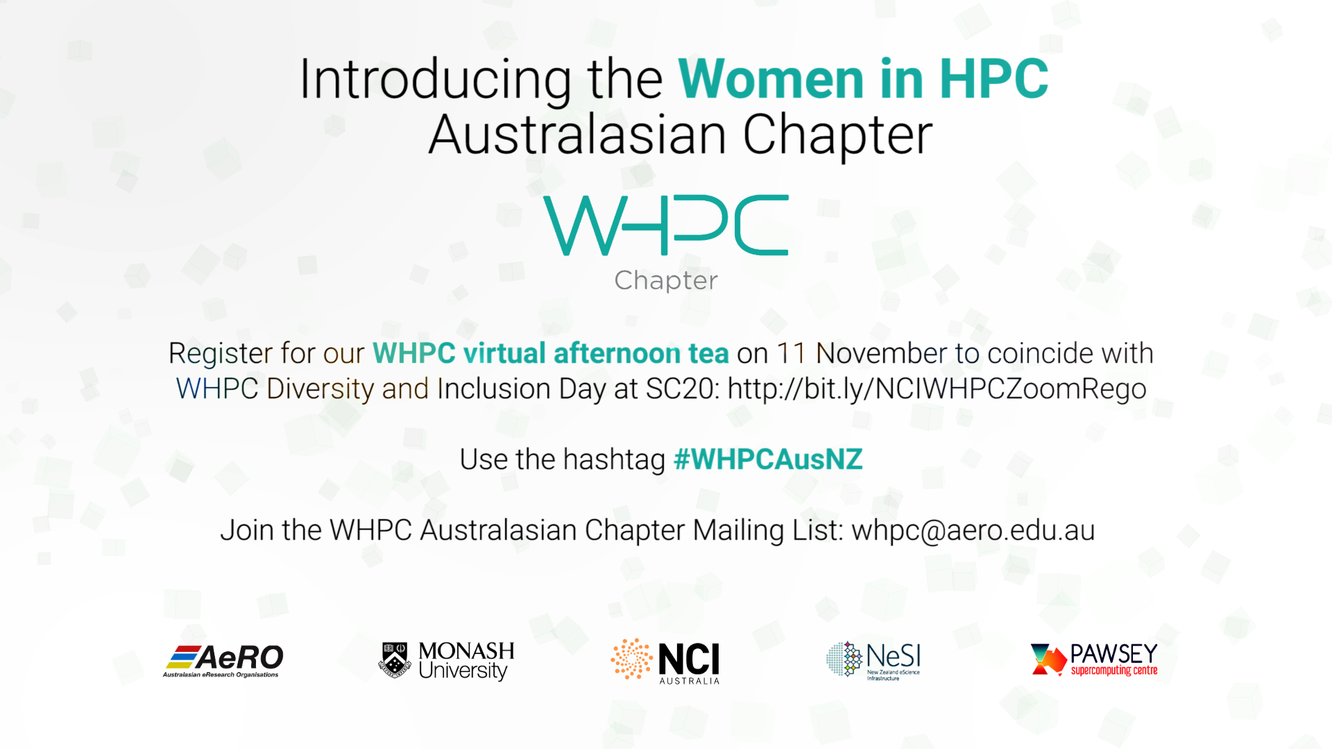 Invitation details for Australasia HPC Chapter afternoon tea event, Nov 11 at 2:30 pm AEDT