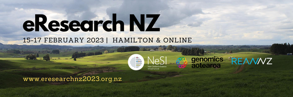 Image showing date &amp; location of eResearch NZ conference: Hamilton, NZ from 15-17 February 2023