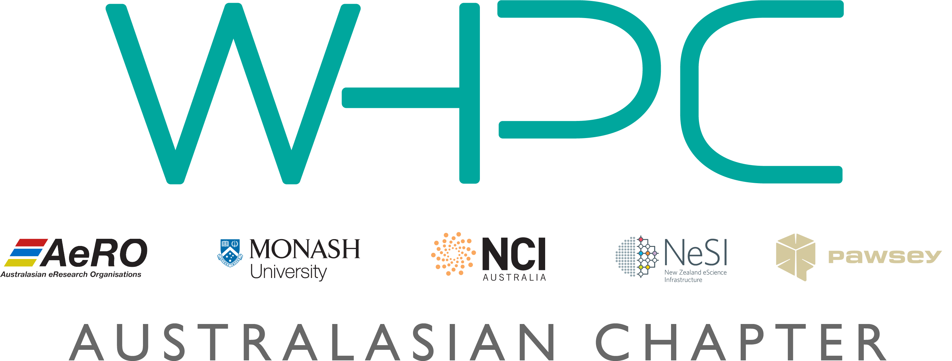 WHPCAusNZ logo - the letters WHPC with the logos of the founding organisations featured below - NeSI, Pawsey, NCI, AeRO, Monash