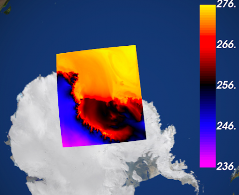 Figure: Surface air temperature (deg. K) modelled in the Ross Sea region of Antarctica 